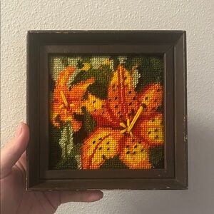 Vintage Framed Needlepoint Art Orange Lilies